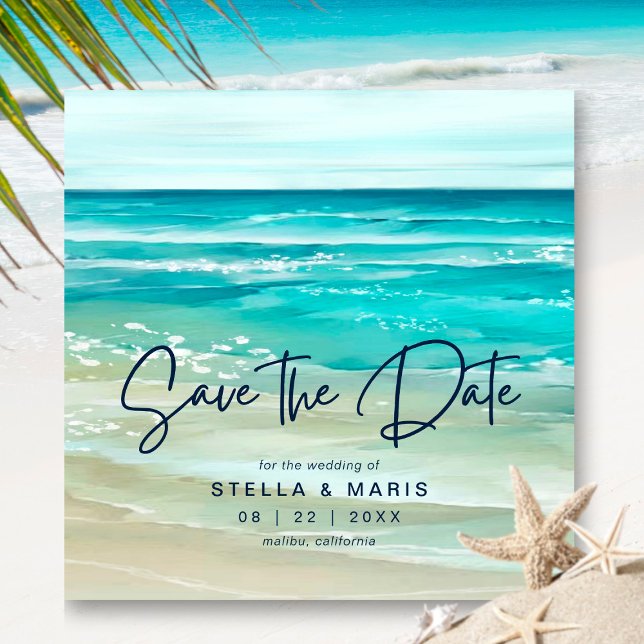 Watercolor Tropical Beach Waves Save The Date (Creator Uploaded)