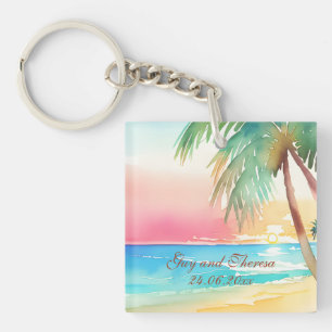 Watercolor Tropical Beach Wedding Key Ring