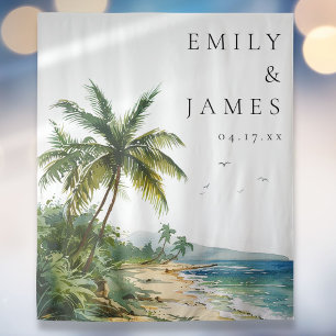 Watercolor Tropical Beach Wedding Photo Backdrop Tapestry