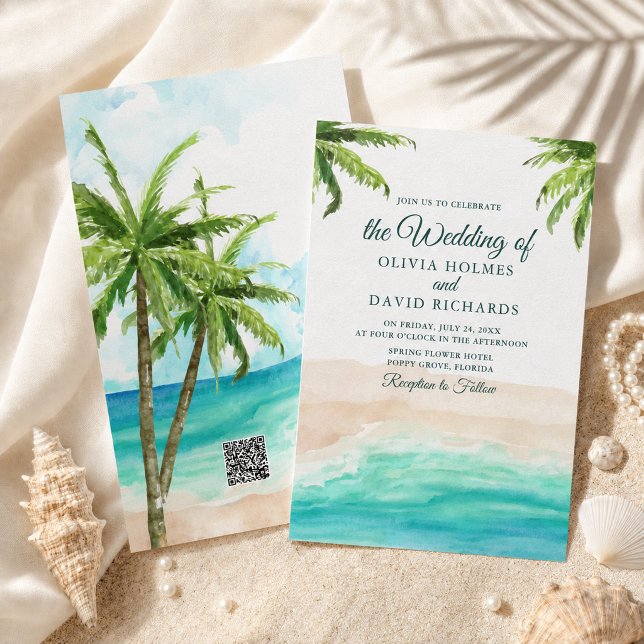 Watercolor Tropical Beach with QR Code Wedding Invitation (Watercolor Tropical Beach with QR Code Wedding Invitation)
