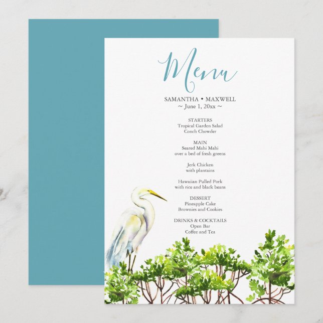 Watercolor Tropical Bird and Mangroves Menu Invitation (Front/Back)