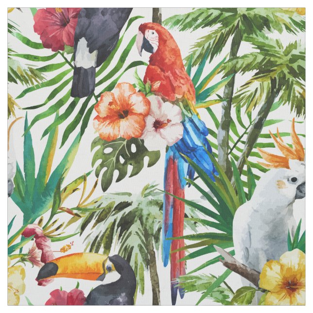 Watercolor tropical birds and foliage pattern fabric (Swatch)
