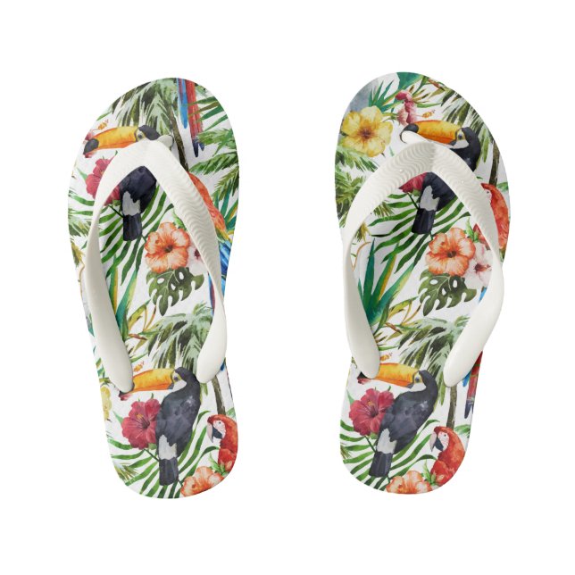 Watercolor tropical birds and foliage pattern kid's thongs (Footbed)