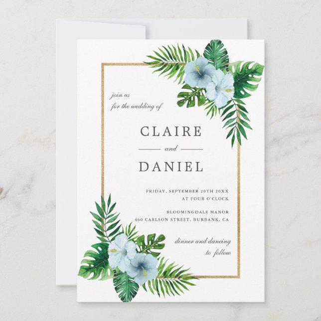 Watercolor Tropical Blue Floral Wedding Invitation (Front)