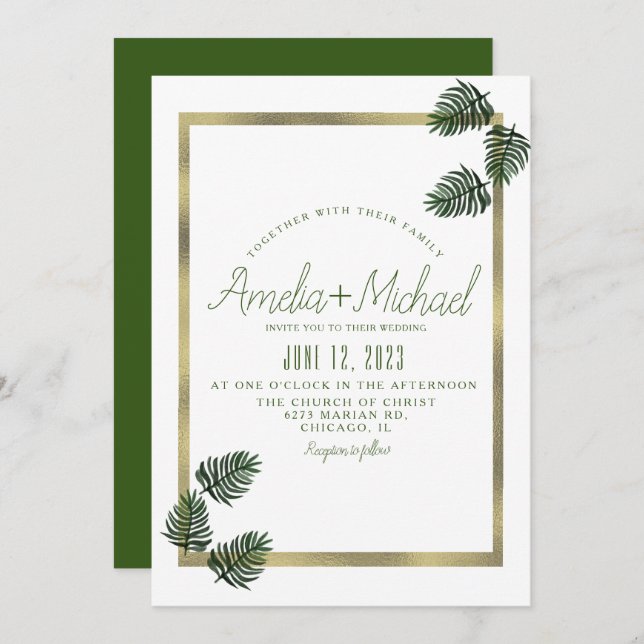 Watercolor Tropical Botanical Foil Palm Wedding Invitation (Front/Back)