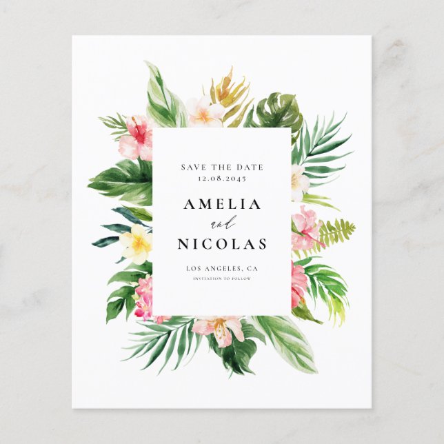 Watercolor Tropical Botanical Frame Save the Date (Front)