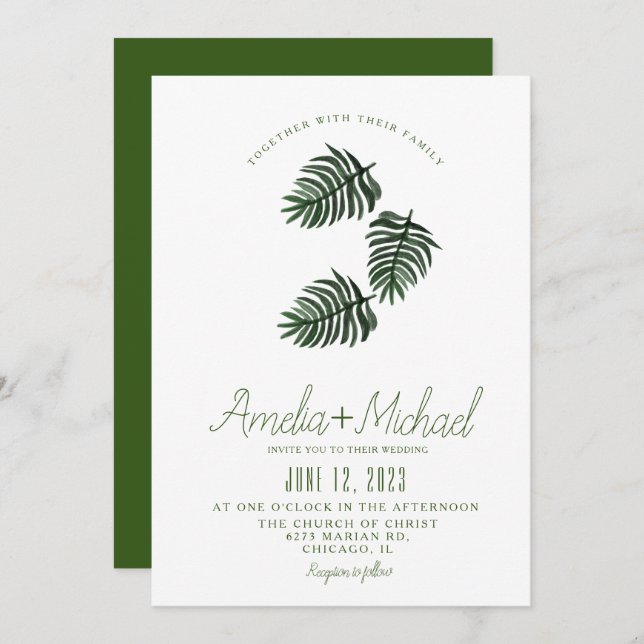 Watercolor Tropical Botanical Green Palm Wedding Invitation (Front/Back)
