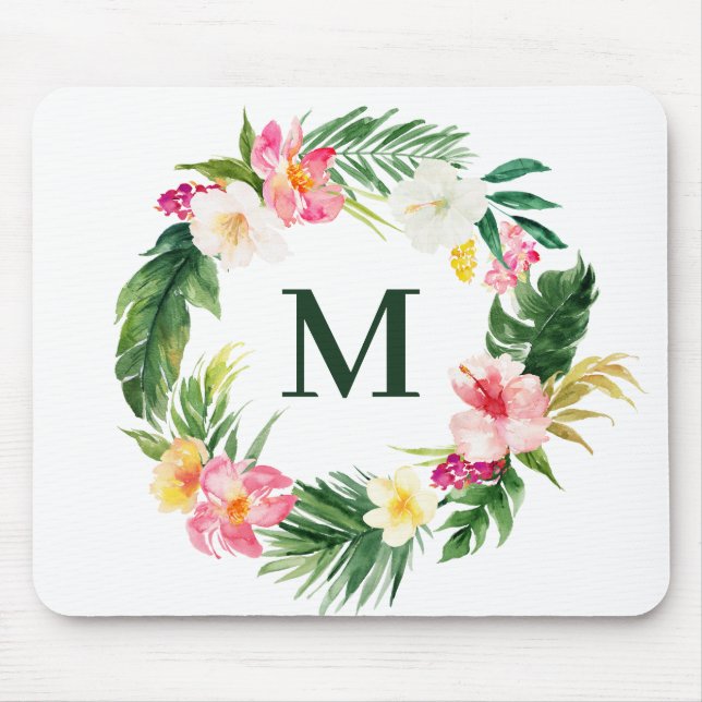 Watercolor Tropical Botanical Wreath Monogram Mouse Pad (Front)