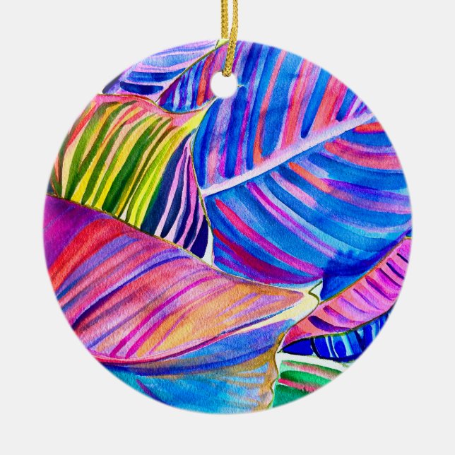 Watercolor tropical canna leaves ceramic ornament (Front)