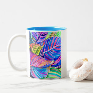 Watercolor tropical canna leaves Two-Tone coffee mug