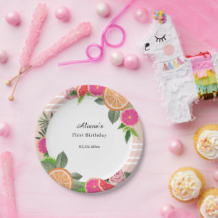 Watercolor Tropical Citrus Minimal birthday Paper Plate