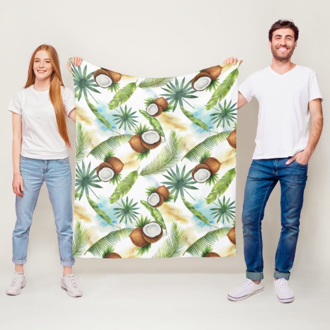 Watercolor Tropical Coconut Pattern Fleece Blanket (In Situ)