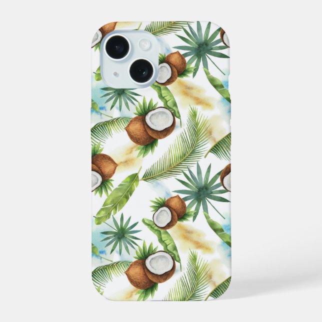 Watercolor Tropical Coconut Pattern iPhone 15 Case (Back)