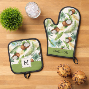 Watercolor Tropical Coconut Pattern Oven Mitt & Pot Holder Set