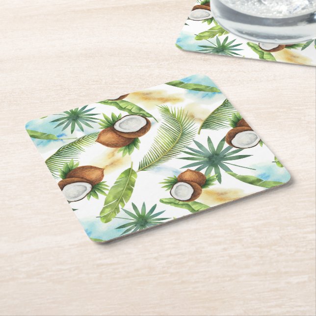 Watercolor Tropical Coconut Pattern Square Paper Coaster (Angled)