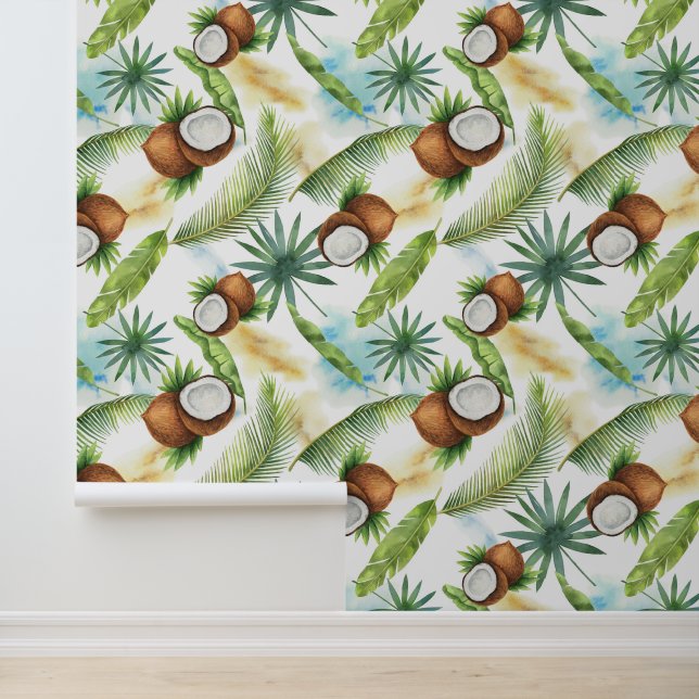 Watercolor Tropical Coconut Pattern Wallpaper (Application)