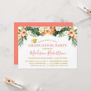 Watercolor Tropical Coral Floral Gold Grad Party Invitation