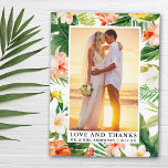 Watercolor Tropical Coral Floral Love and Thanks Postcard<br><div class="desc">Elegant Watercolor Tropical Coral Floral,  Greenery and Palm Leaves Bride and Groom Love and Thanks Wedding Photo Thank You Postcard</div>