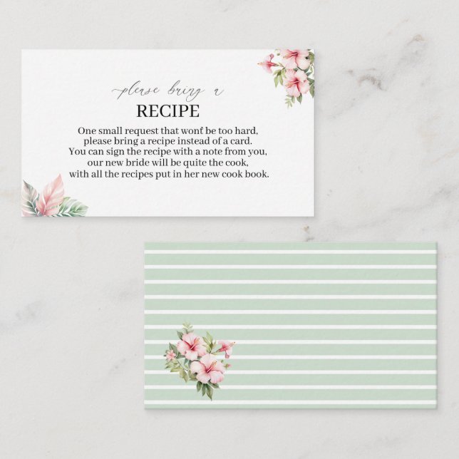 Watercolor Tropical Dreams Pink Flowers Recipe car Enclosure Card (Front/Back)