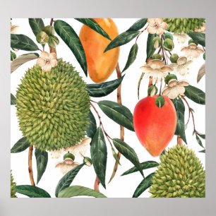 Watercolor tropical durian, mango pattern. poster