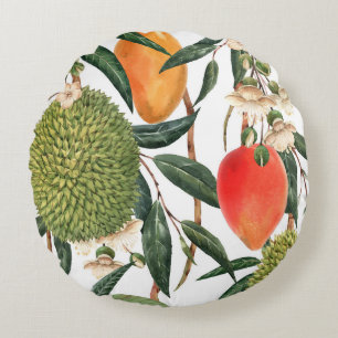 Watercolor tropical durian, mango pattern. round cushion