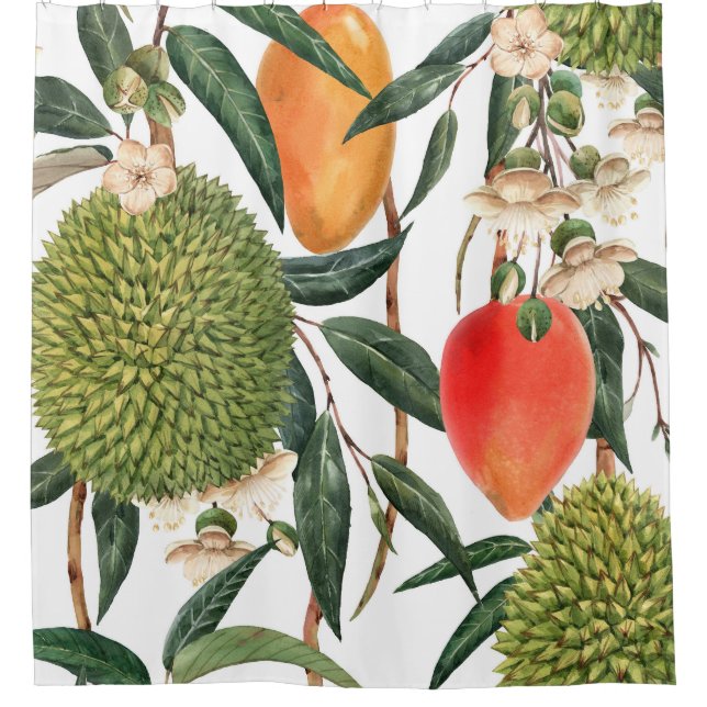 Watercolor tropical durian, mango pattern. shower curtain (Front)