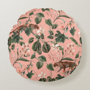 Watercolor tropical exotic pattern with orchid, gr round cushion