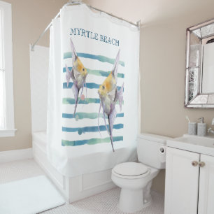 WATERCOLOR TROPICAL FISH,  VACATION BEACH HOUSE SHOWER CURTAIN