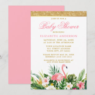 Watercolor Tropical Flamingo Baby Shower Glitter Invitation