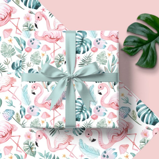 Watercolor Tropical Flamingo Baby Shower Wrapping Paper (Creator Uploaded)