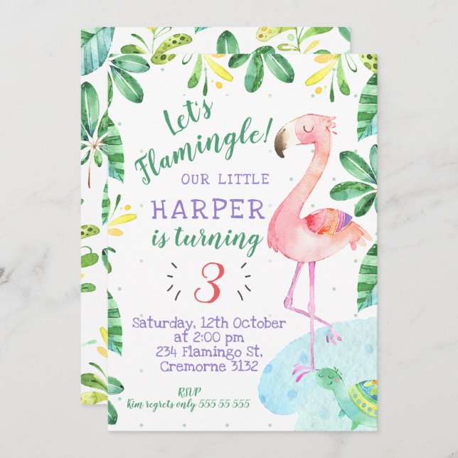 Watercolor Tropical Flamingo Birthday Invitation (Front/Back)