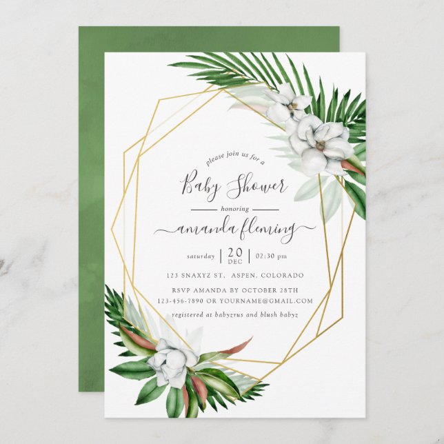 Watercolor Tropical Floral Baby Shower Invitation (Front/Back)