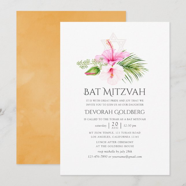Watercolor Tropical Floral Bat Mitzvah Invitation (Front/Back)