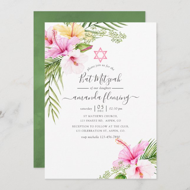 Watercolor Tropical Floral Bat Mitzvah Invitation (Front/Back)