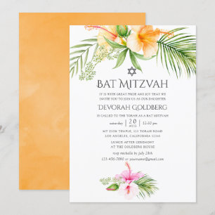 Watercolor Tropical Floral Bat Mitzvah Invitation