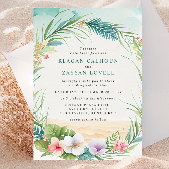 Watercolor Tropical Floral Beach Foliage Wedding Invitation (Creator Uploaded)
