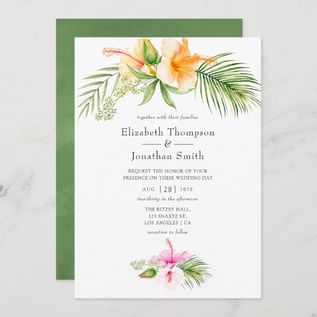 Watercolor Tropical Floral Beach Wedding Invitation (Front/Back)