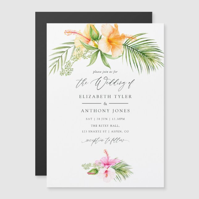 Watercolor Tropical Floral Beach Wedding Magnetic Invitation (Front/Back)