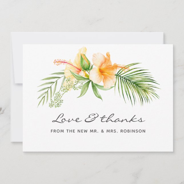 Watercolor Tropical Floral Beach Wedding Thank You Card (Front)