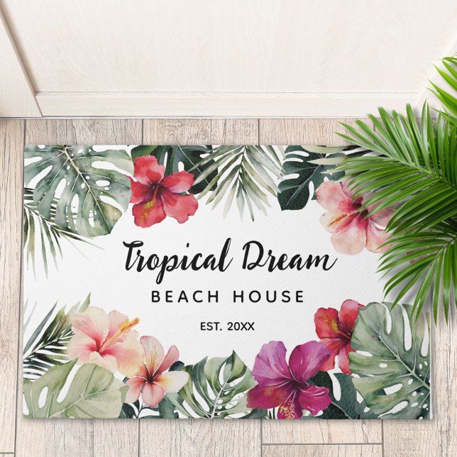 Watercolor Tropical Floral Botanical Beach House Doormat (In situ)