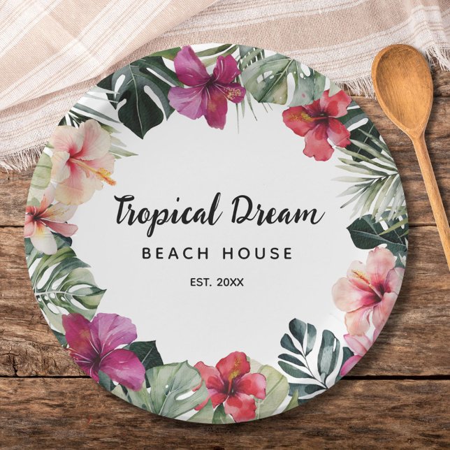 Watercolor Tropical Floral Botanical Summer Beach Paper Plate (In situ)