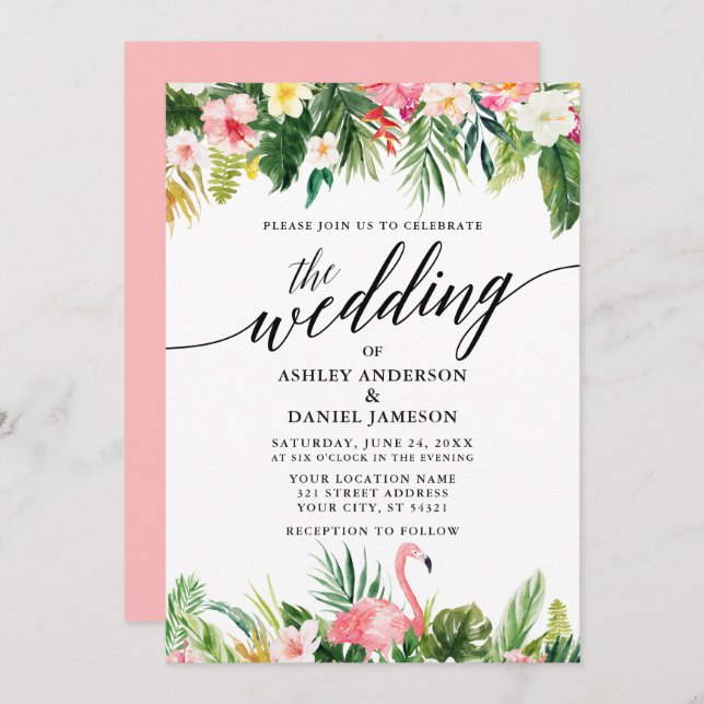 Watercolor Tropical Floral Calligraphy Wedding PK Invitation (Front/Back)