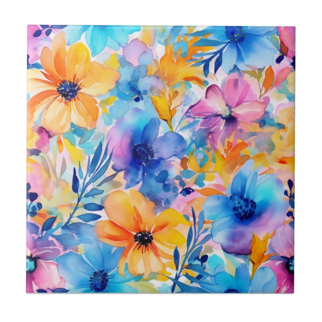 Watercolor Tropical Floral Ceramic Tile (Front)
