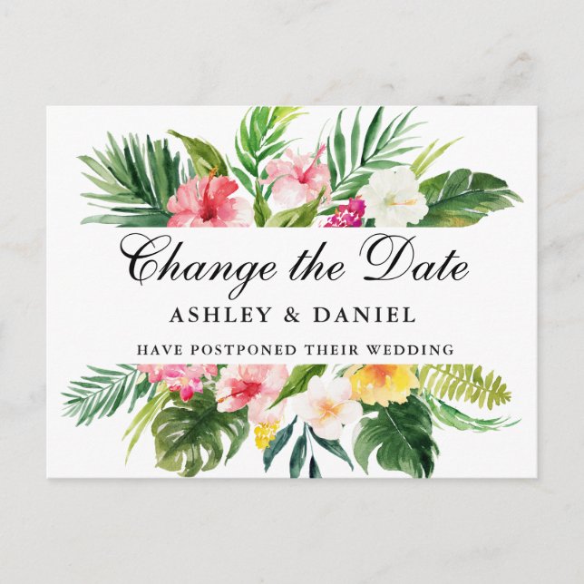 Watercolor Tropical Floral Change The Date Postcard (Front)