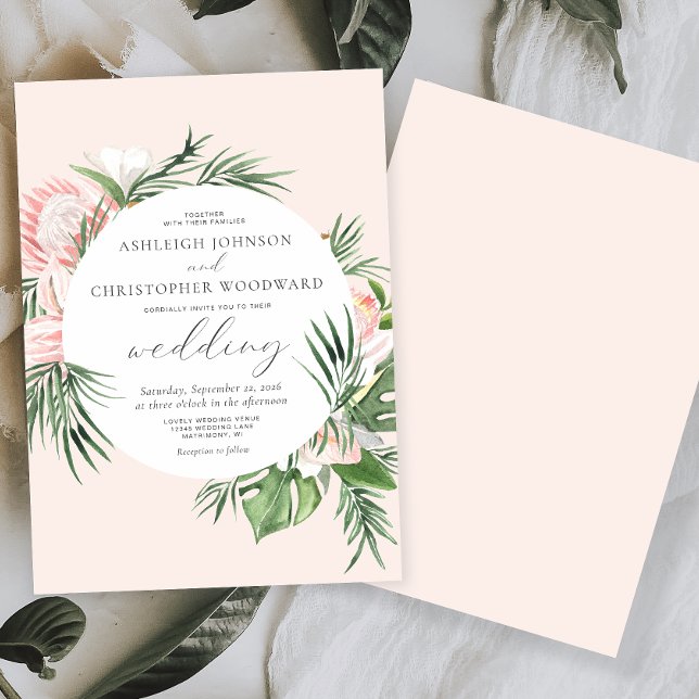 Watercolor Tropical Floral Circle Blush Wedding Invitation (Creator Uploaded)