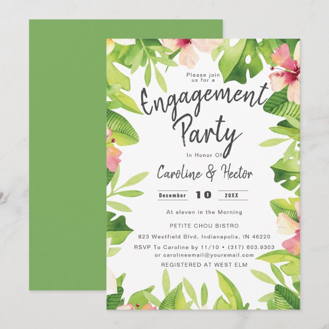 Watercolor Tropical Floral Engagement Party Invitation (Front/Back)