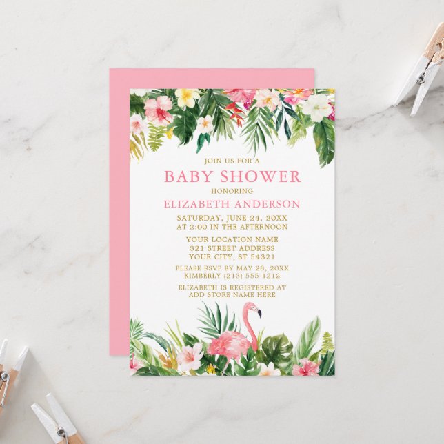Watercolor Tropical Floral Flamingo Baby Shower Invitation (Front/Back In Situ)