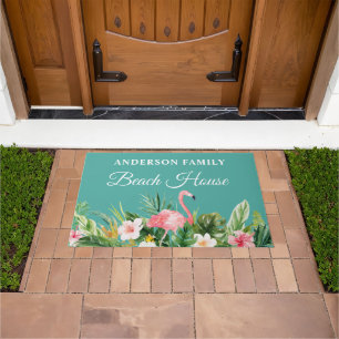 Watercolor Tropical Floral Flamingo Beach House Doormat
