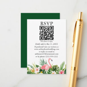 Watercolor Tropical Floral Flamingo QR RSVP Green Enclosure Card