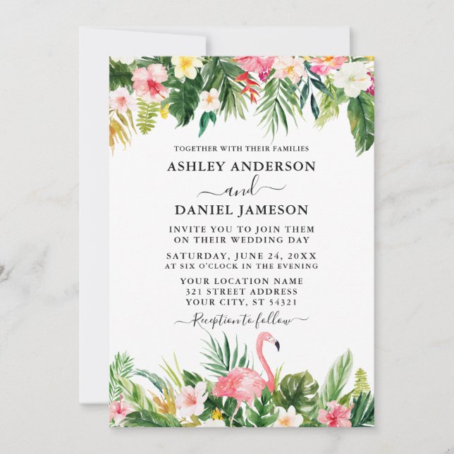 Watercolor Tropical Floral Flamingo Wedding Invitation (Front)